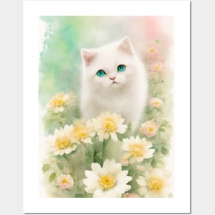 Happy White Cat in the Flower Garden Soft Pastel Colors Posters and Art